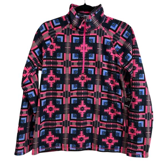 Eddie Bauer Black Pink Blue Aztec Pullover Quest Fleece 1/4 Zip Jacket Med NEW - Picture 1 of 8